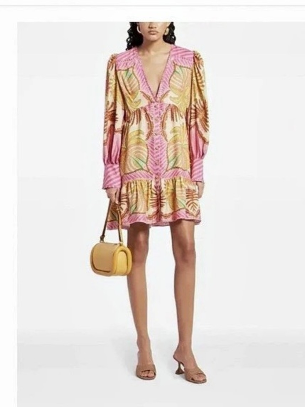 FARM Rio Sand Palm Mini Dress in Pink & Tan Size Medium Like New
